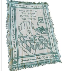 Woven Tapestry Fringe Throw Blanket Jesus Loves Me Teddy Bear ABC